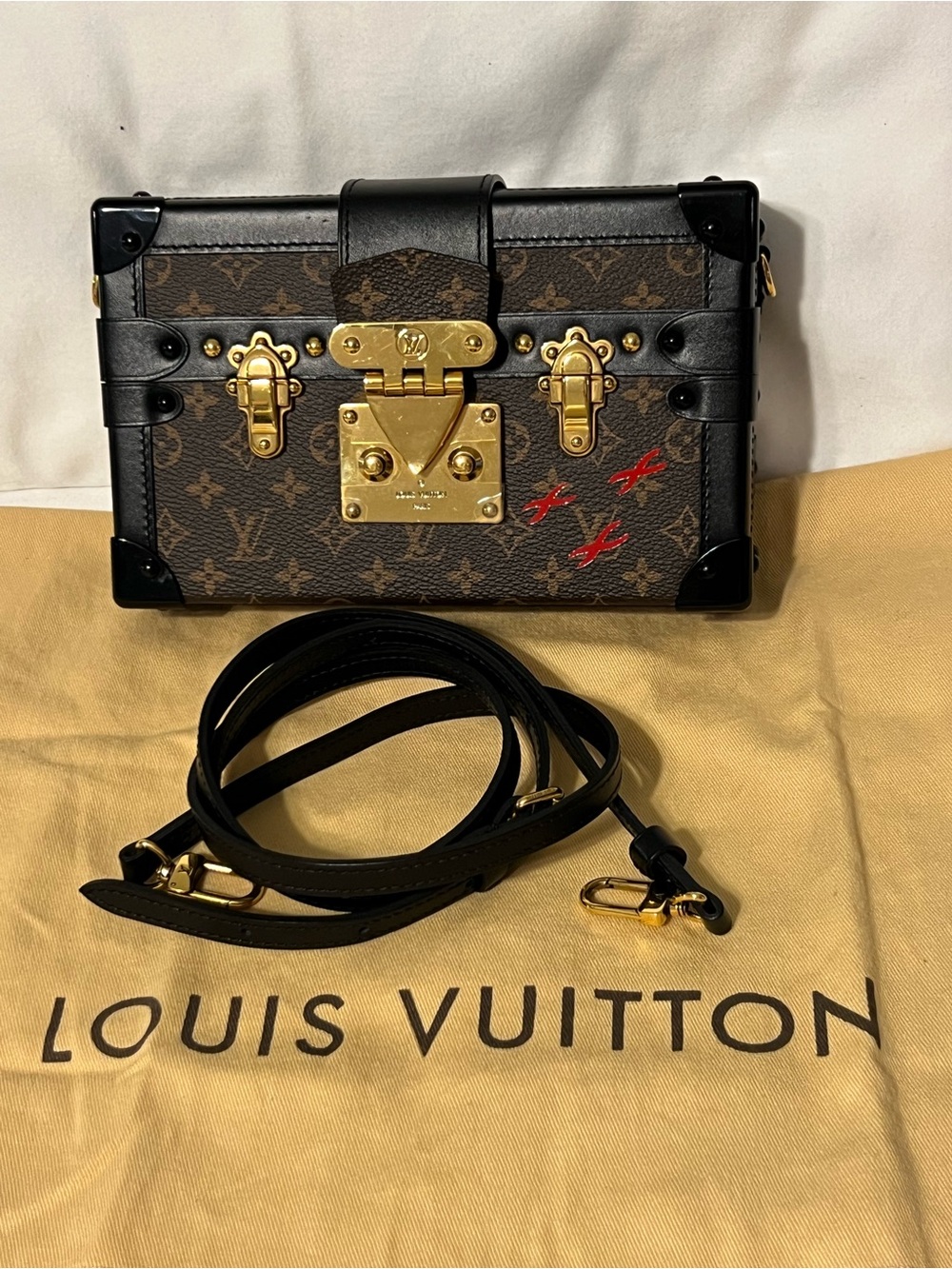 Louis Vuitton Petite Malle Monogram Canvas Trunk Crossbody Bag Black Trim